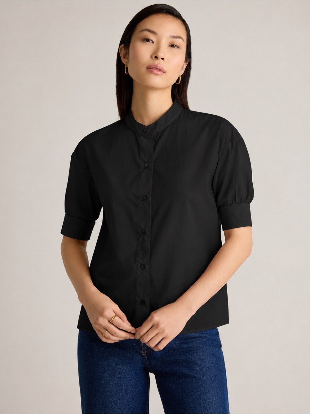 Quince 100% Organic Cotton Poplin Puff Sleeve Shirt Black Women Size XL